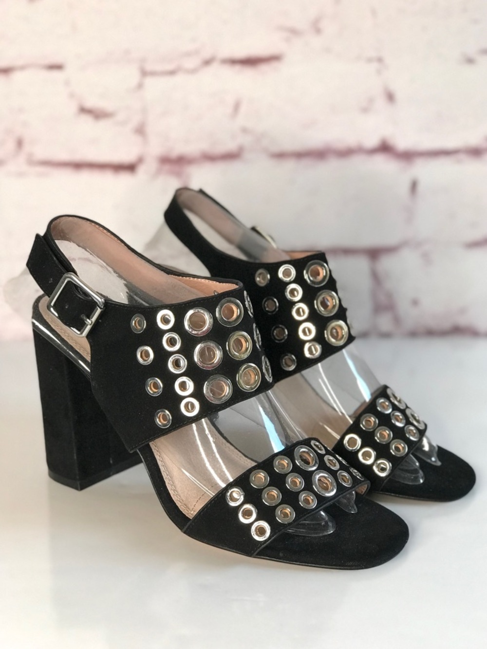 TOPSHOP Black Suede Silver Grommet Block Heel Ankle Strap Slingback Heel NWT 9.5